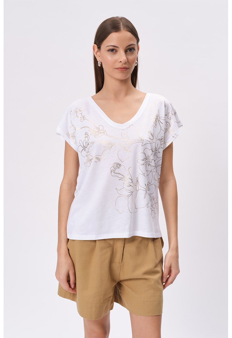 Tricou cu imprimeu floral si decolteu in V