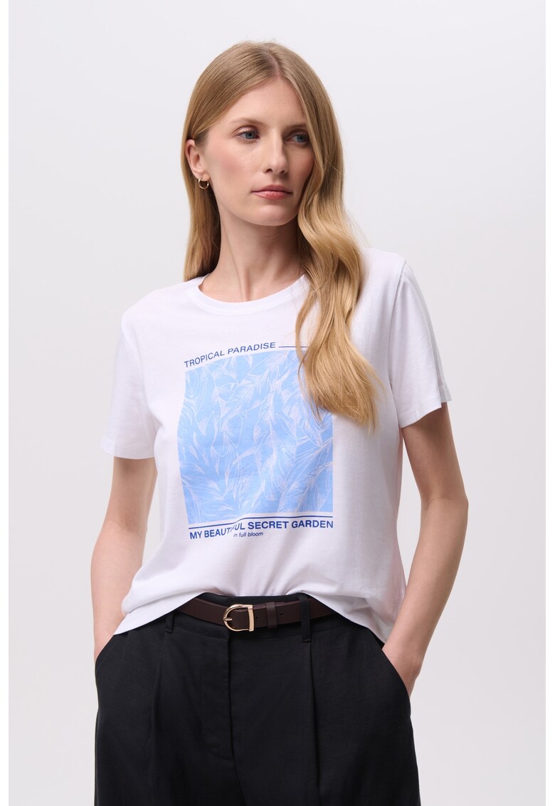 Tricou din amestec de bumbac cu imprimeu - Alb optic/Albastru deschis