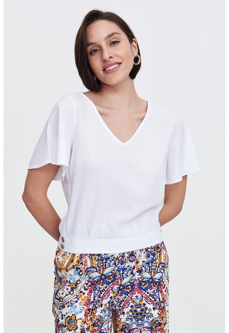 Bluza uni cu decolteu in V si aspect texturat