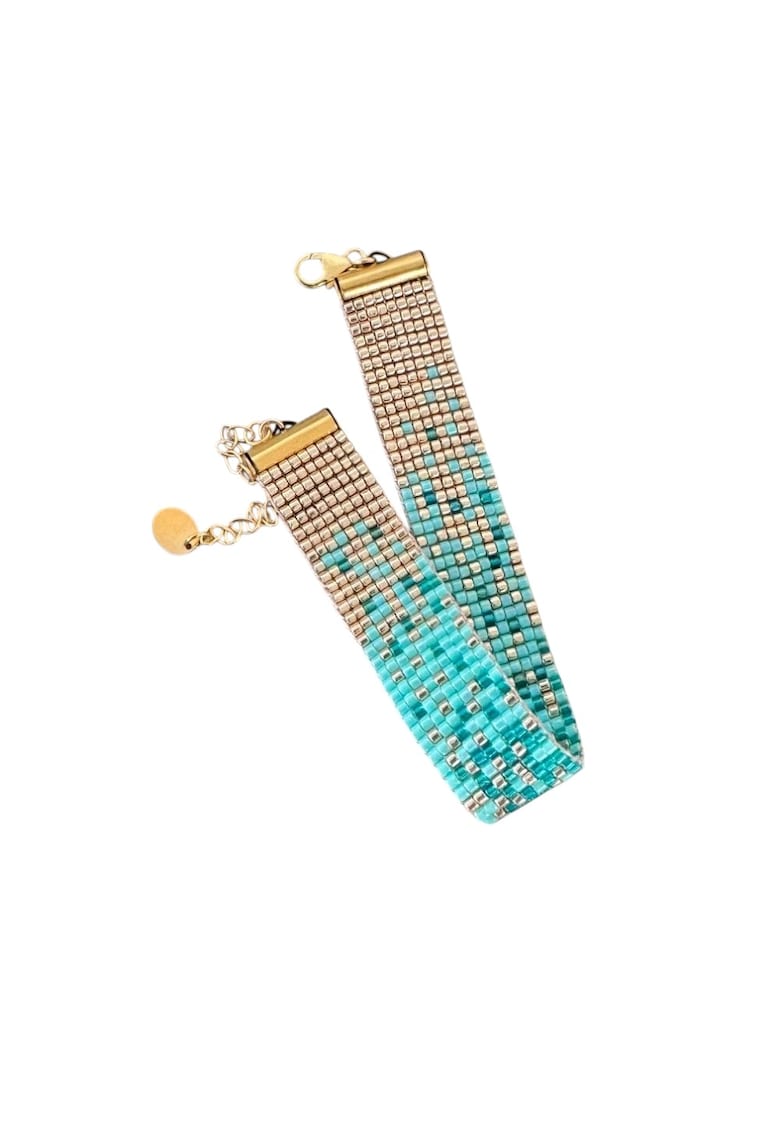 Bratara handmade multistrat Turcoaz Aurie - din margele Miyuki - impletita manual - 16+6 cm