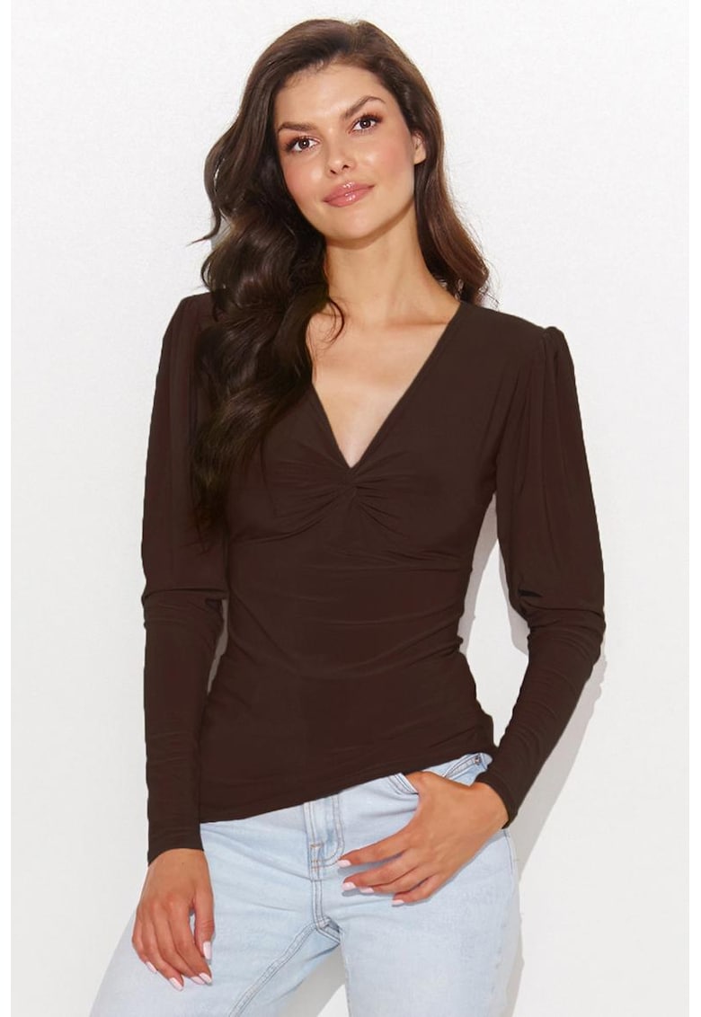 Bluza slim fit cu decolteu in V si maneci bufante