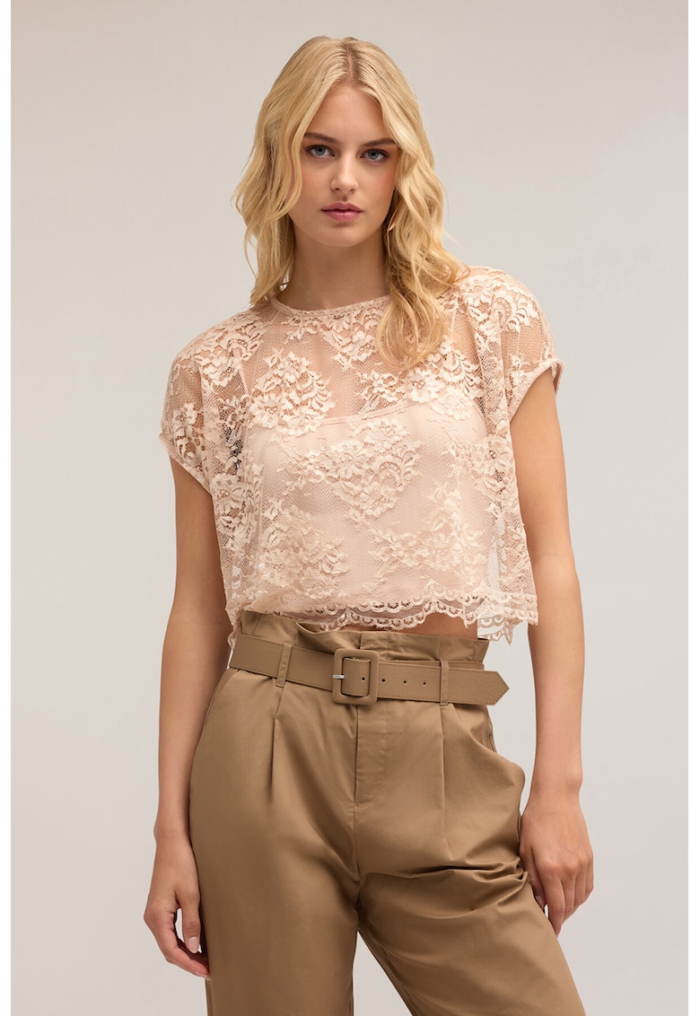 Bluza din dantela cu maneci scurte si model floral