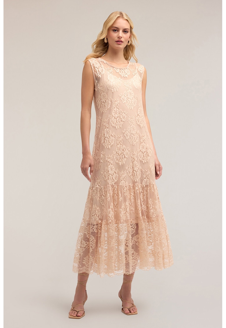 Rochie lunga din dantela cu terminatie cu volan si model floral