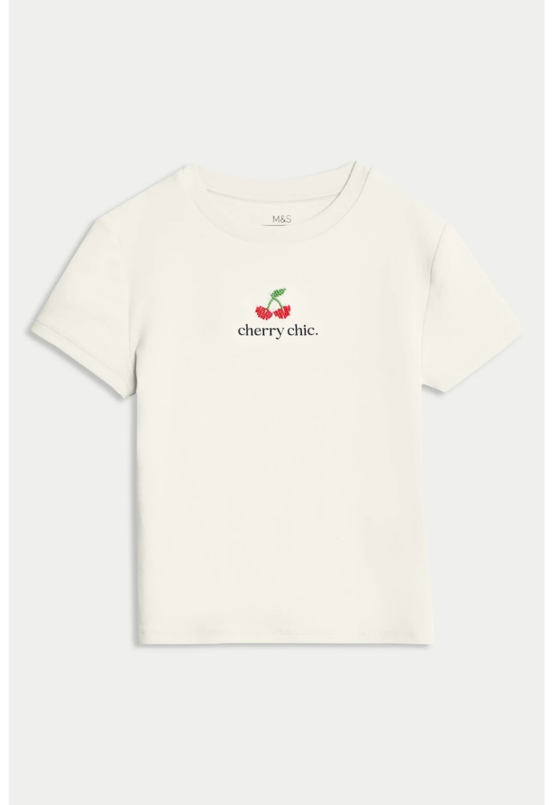 Tricou din amestec de bumbac cu decolteu la baza gatului - Alb fildes