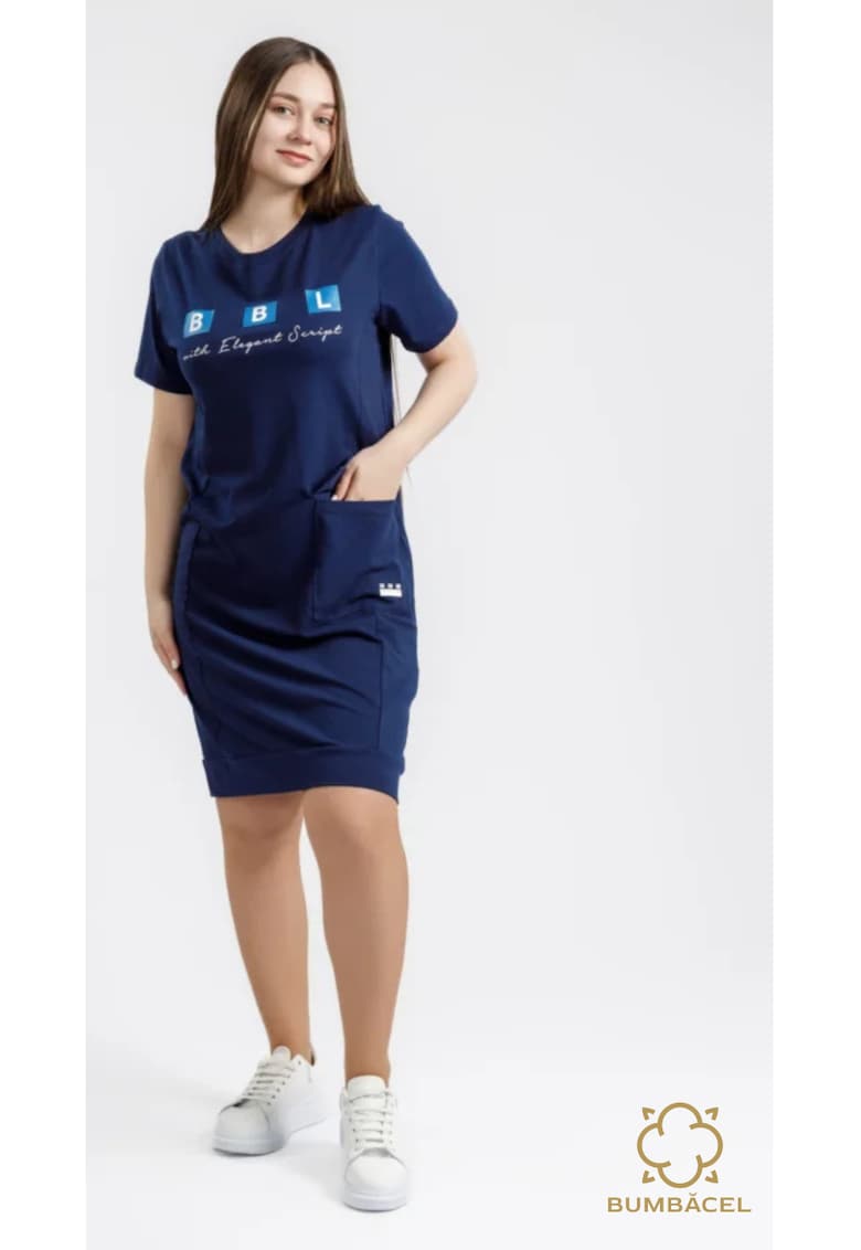 Rochie pentru femei cu maneca scurta - imprimeu si buzunar lateral