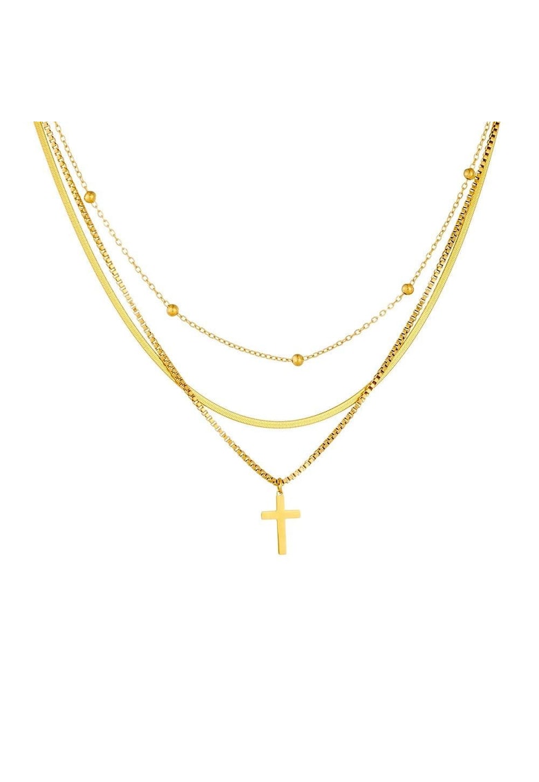 Colier auriu - din otel inoxidabil - suflat cu aur 18k - in 3 straturi - cu cruciulita - Elfa C2