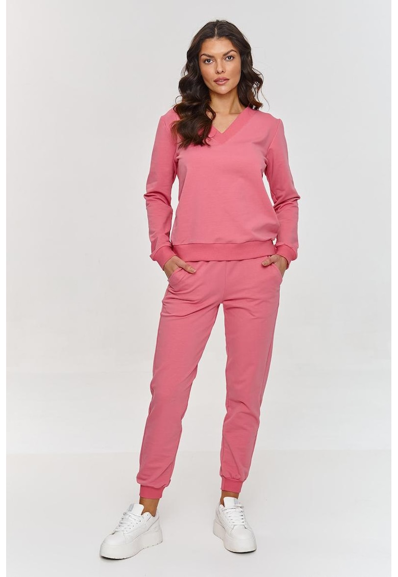 Set de bluzon cu decolteu in V si pantaloni lungi - Roz pastel