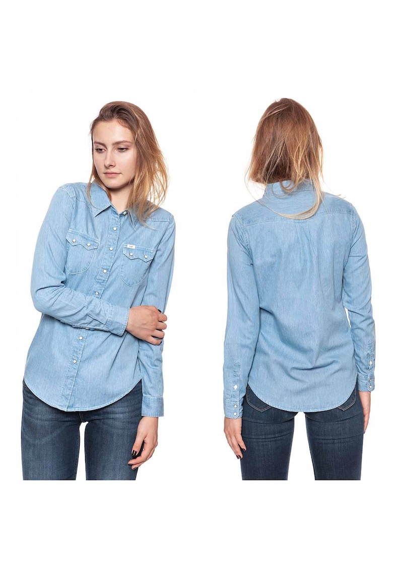 Camasa Dama Denim - Model WESTERN SHIRT - Croiala Clasica Regular Fit - 100% Bumbac - Cu Capse - 2 Buzunare La Piept - Stil Western - Buna Pentru Fiecare Zi Si Tinute Casual - Marimea XS - Albastru
