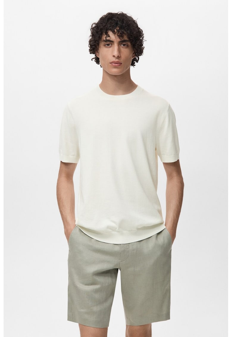 Tricou din bumbac cu decolteu la baza gatului - Alb fildes