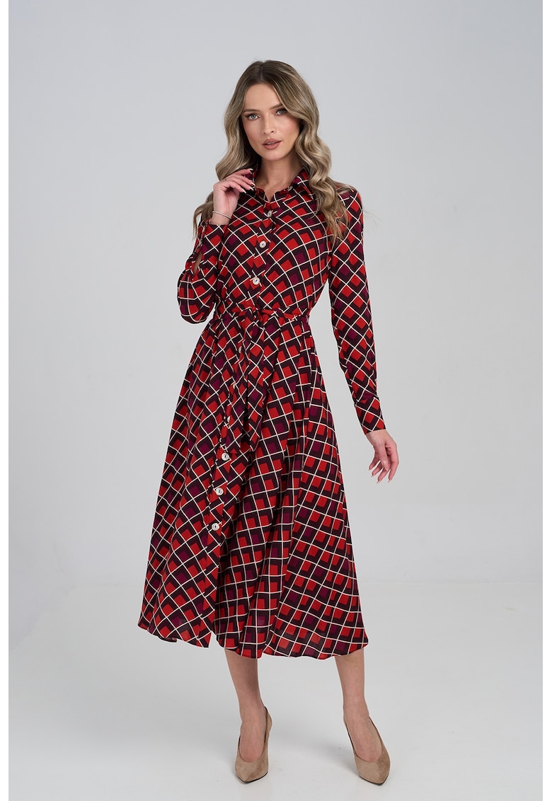 Rochie cu nasturi si model geometric - Visiniu/Negru/Coral