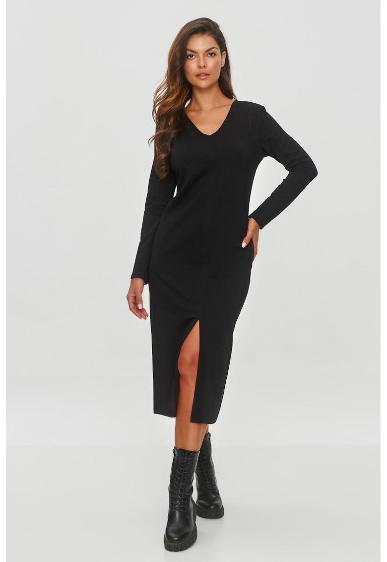 Rochie midi cu decolteu in V si crapatura frontala