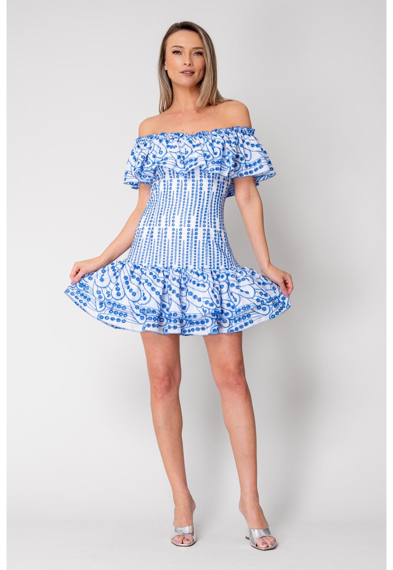 Rochie scurta fara umeri 100% Bumbac Off White/Blue 16489 - Alb/Albastru