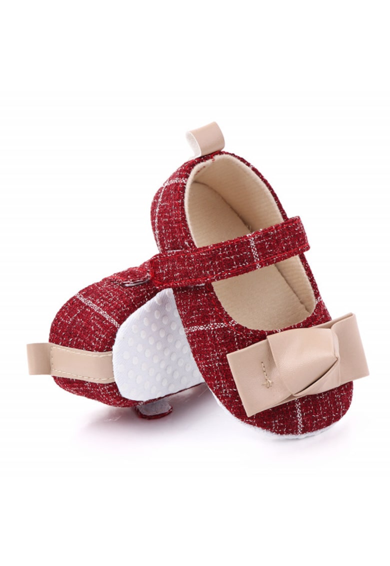 Pantofi Cu Fundita Crem - Elegant - Textil - Fete - Velcro - Visiniu