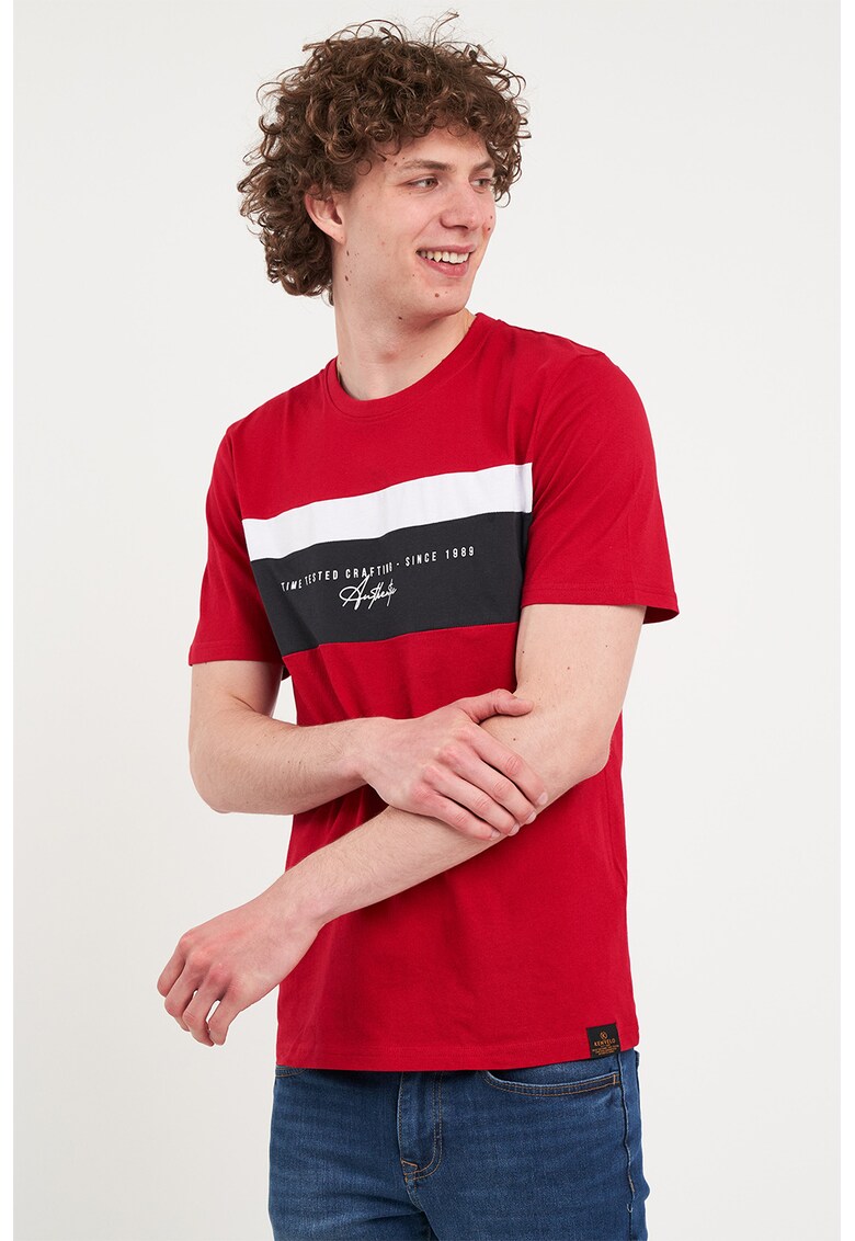 Tricou cambrat din bumbac - Alb/Negru stins/Rosu vermillion