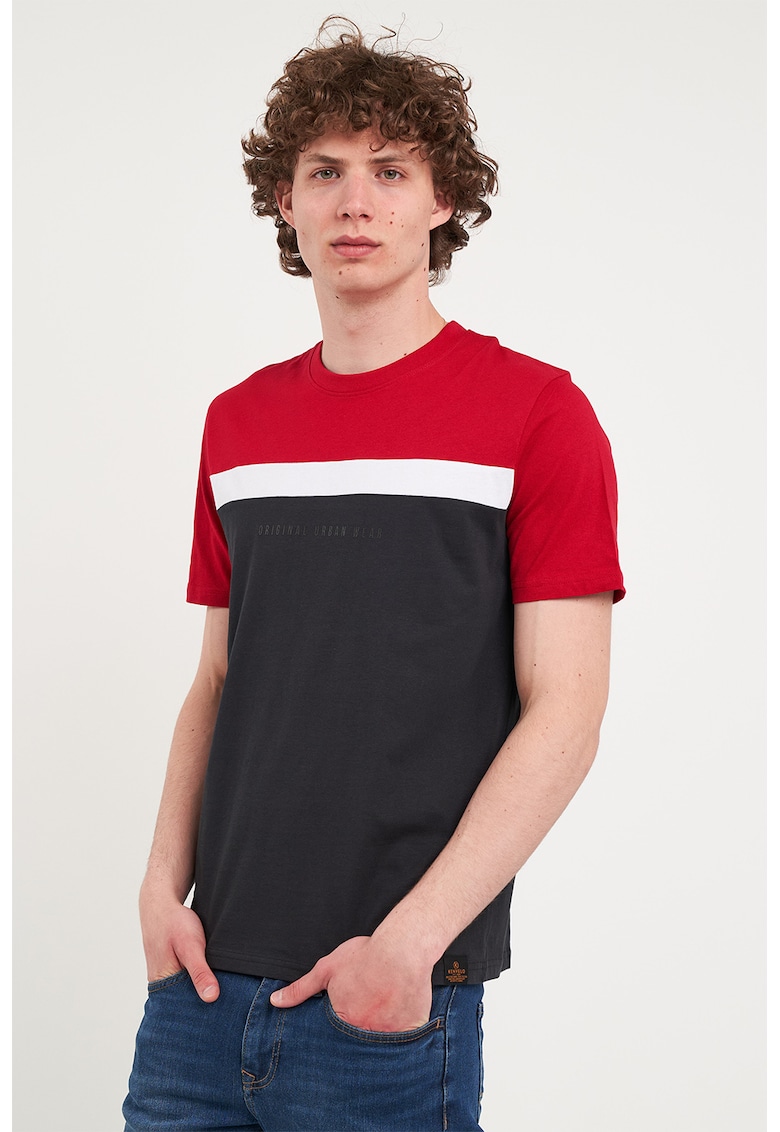 Tricou din bumbac cu decolteu la baza gatului - Alb/Negru stins/Rosu vermillion