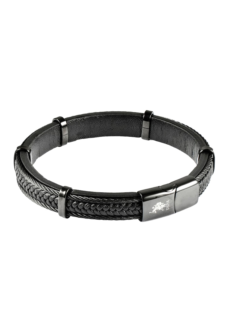 Bratara din piele cu placuta logo - Negru/Argintiu