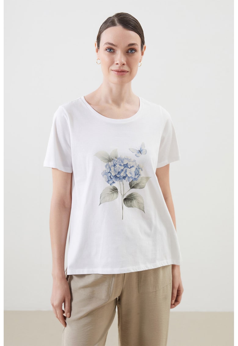 Tricou din bumbac cu imprimeu floral - Alb murdar/Albastru deschis