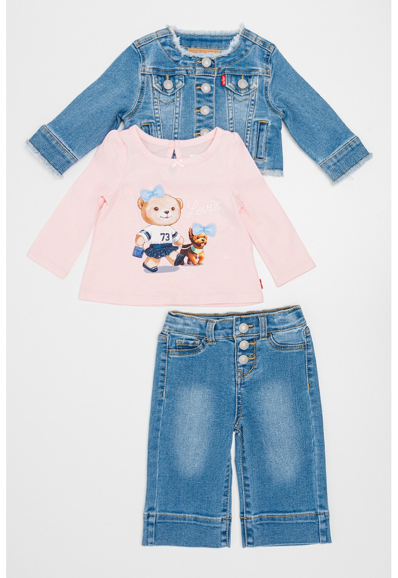 Set de bluza cu imprimeu - jacheta din denim si blugi - 3 piese