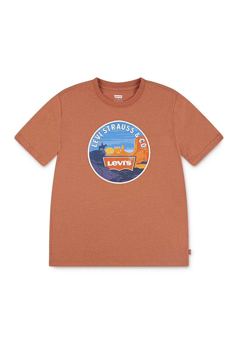 Tricou cu decolteu la baza gatului si imprimeu logo - Portocaliu persan