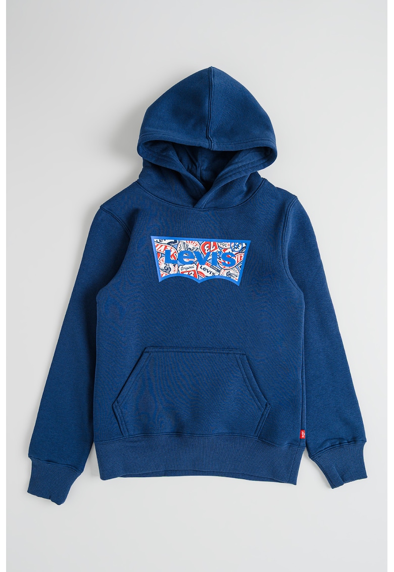 Hanorac cu logo si buzunar kangaroo - Rosu/Albastru inchis/Alb optic