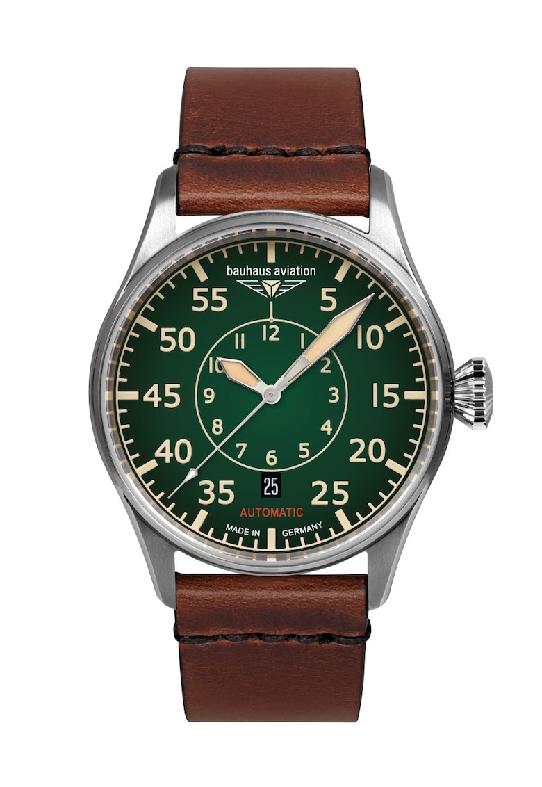 Ceas barbatesc Bauhaus Aviation 27564 - automat - verde - 42x12mm - curea din piele maro
