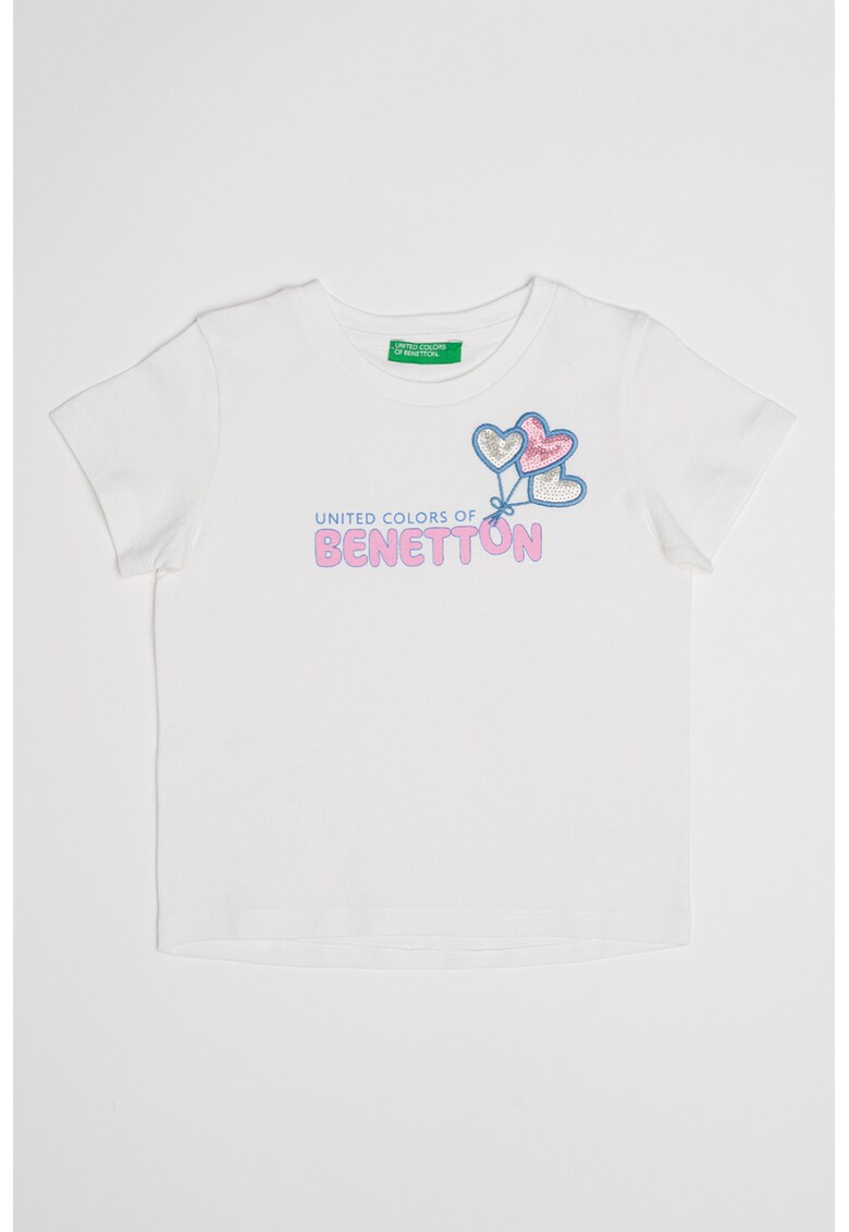 Tricou de bumbac cu paiete - Alb/Roz/Albastru