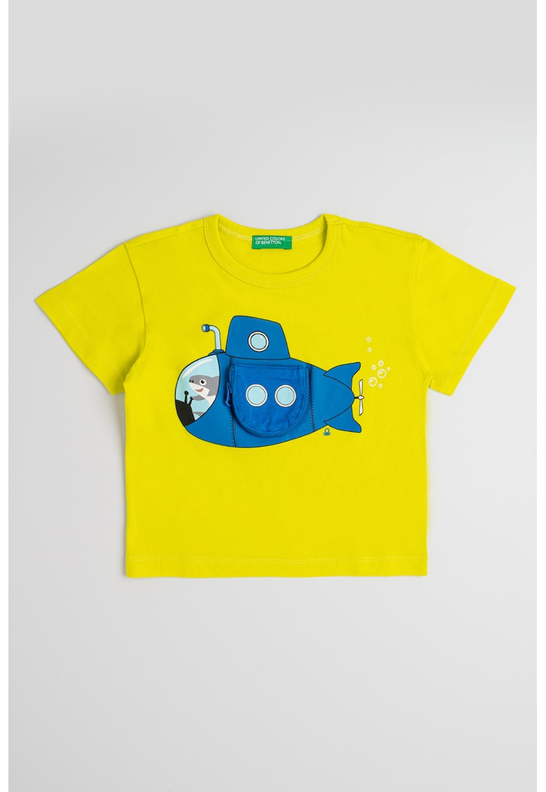 Tricou de bumbac cu model interactiv - Albastru inchis/Verde neon