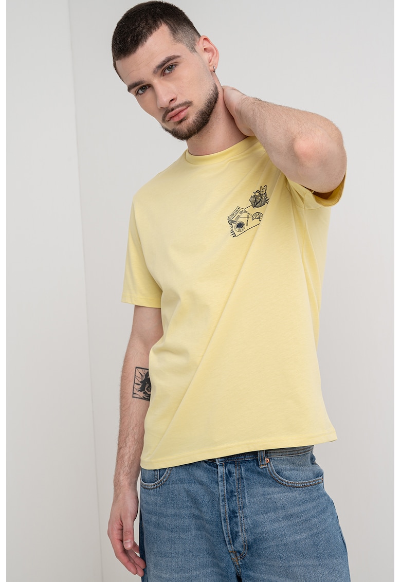 Tricou cu decolteu la baza gatului si imprimeu - Galben pai
