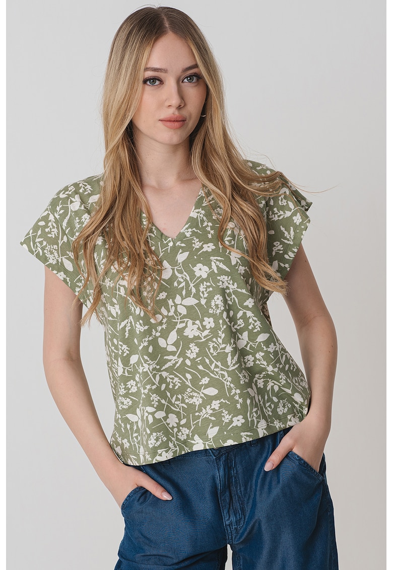 Tricou cu model floral si decolteu in V