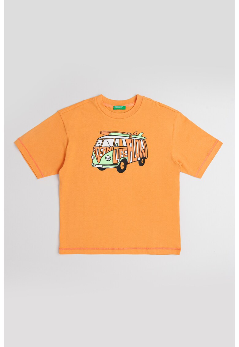 Tricou de bumbac cu decolteu la baza gatului - Alb/Verde/Portocaliu