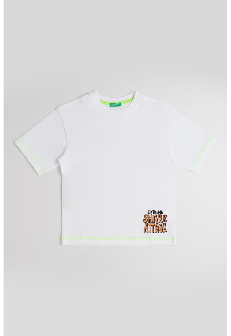 Tricou de bumbac cu decolteu la baza gatului - Alb/Verde/Portocaliu neon