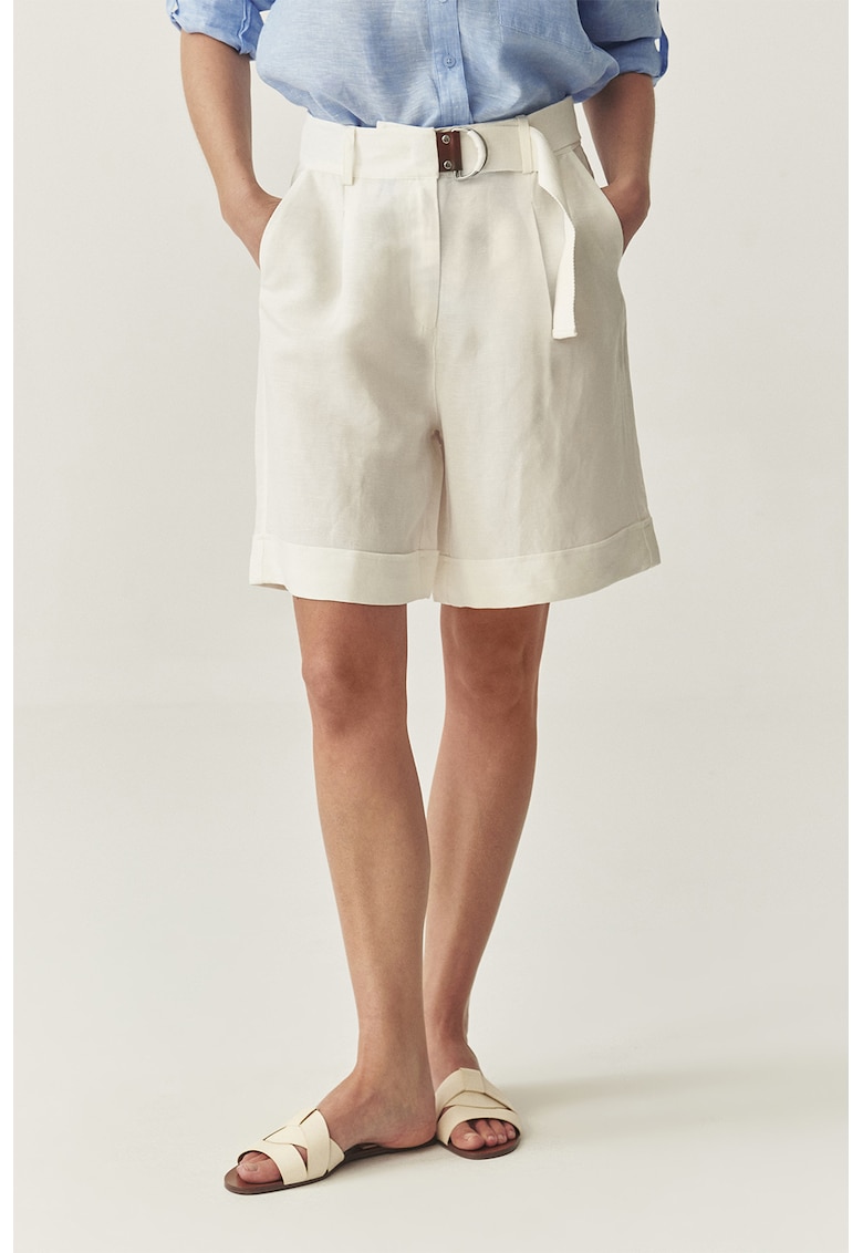 Pantaloni scurti din in cu talie inalta