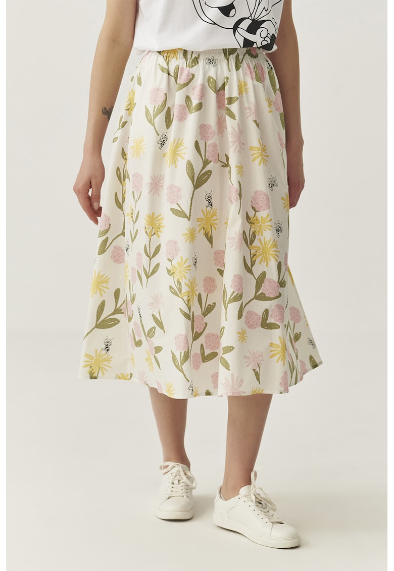 Fusta evazata cu model floral si talie elastica