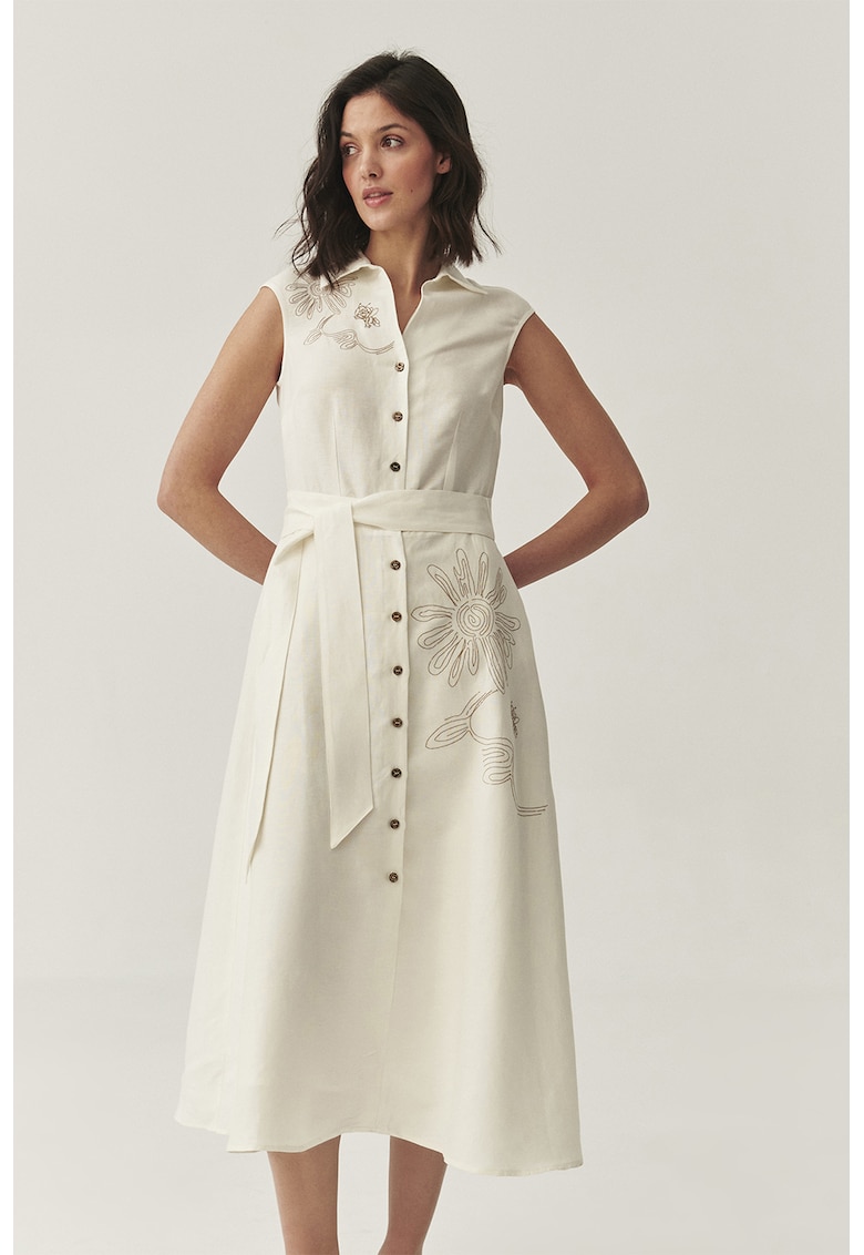 Rochie lunga din amestec de in cu cordon in talie