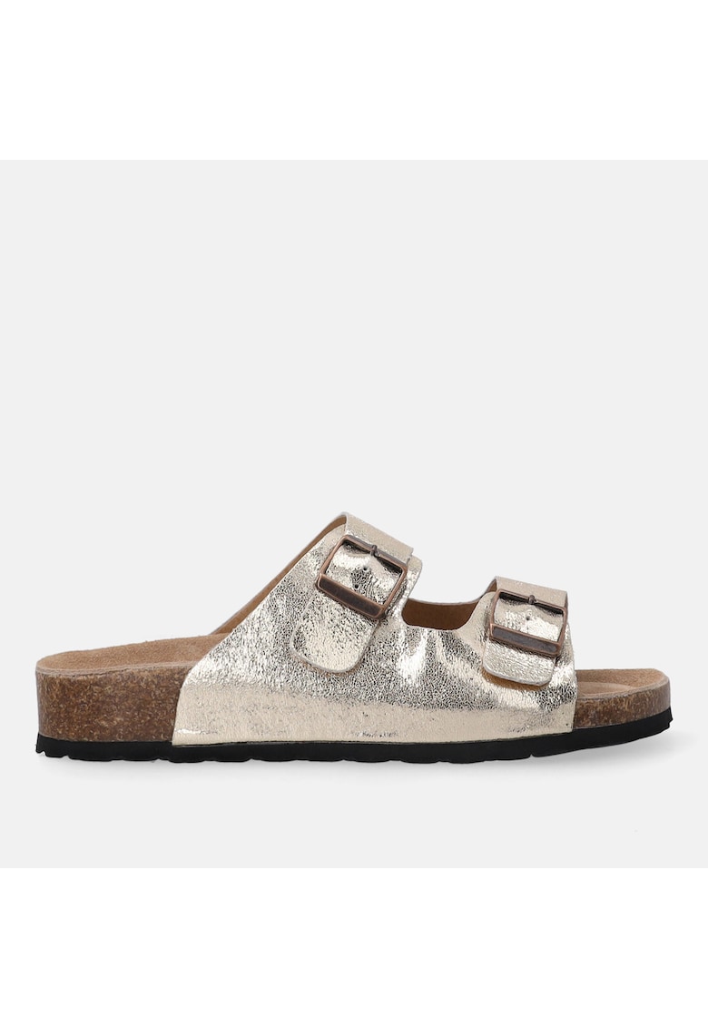 Papuci din piele cu aspect metalizat si branturi ergonomice