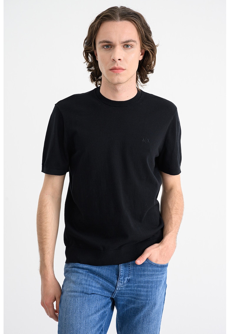 Tricou de bumbac cu decolteu la baza gatului - Negru