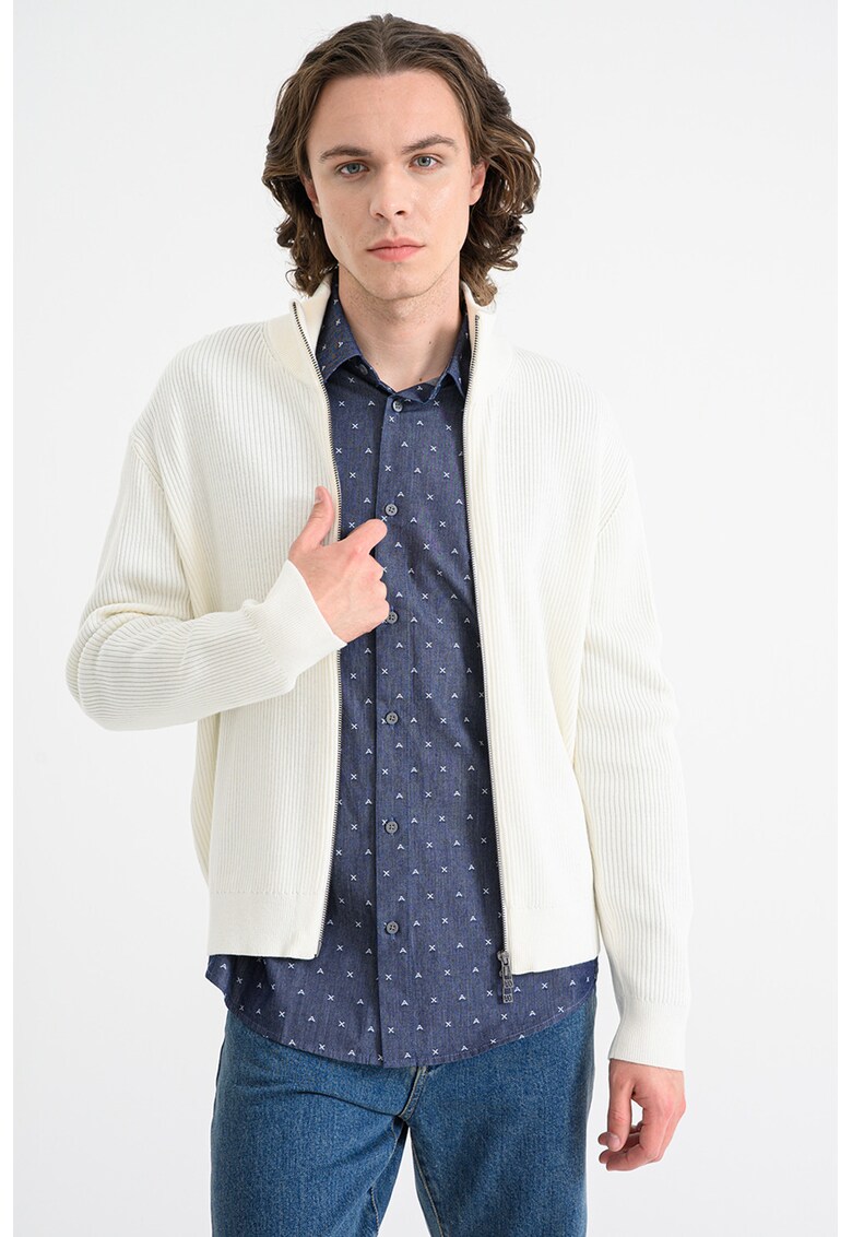 Pulover slim-fit cu fermoar - Alb murdar