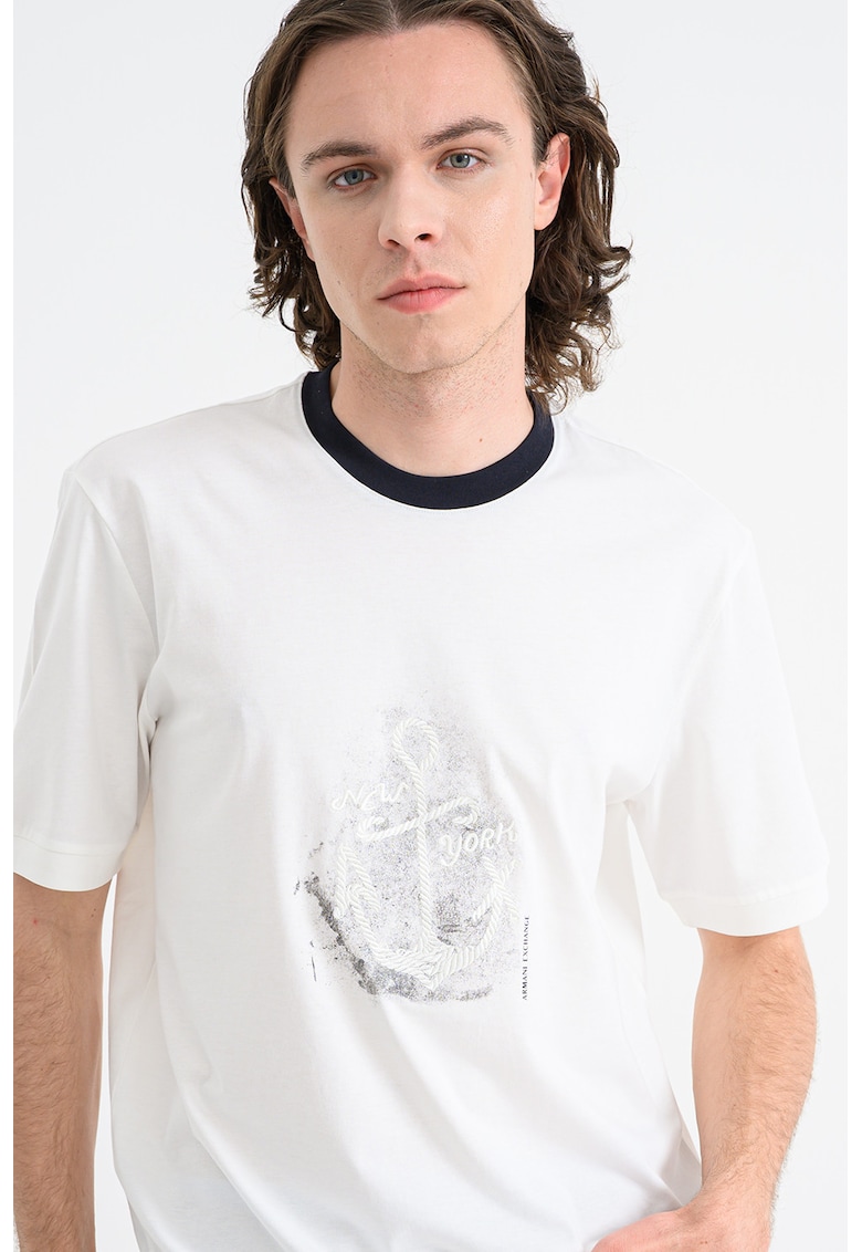 Tricou de bumbac cu decolteu la baza gatului - Negru/Alb murdar/Gri inchis