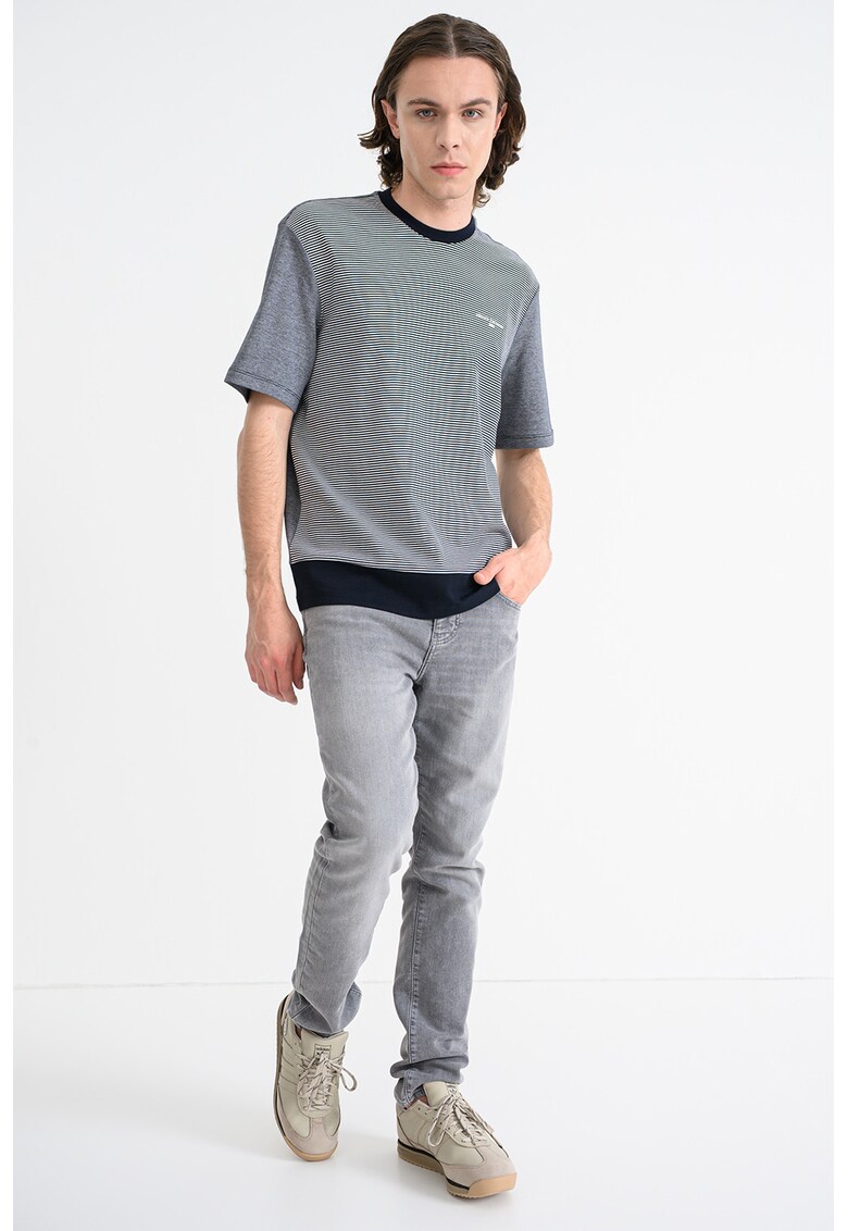 Tricou cu decolteu la baza gatului si dungi - Alb/Albastru ultramarin