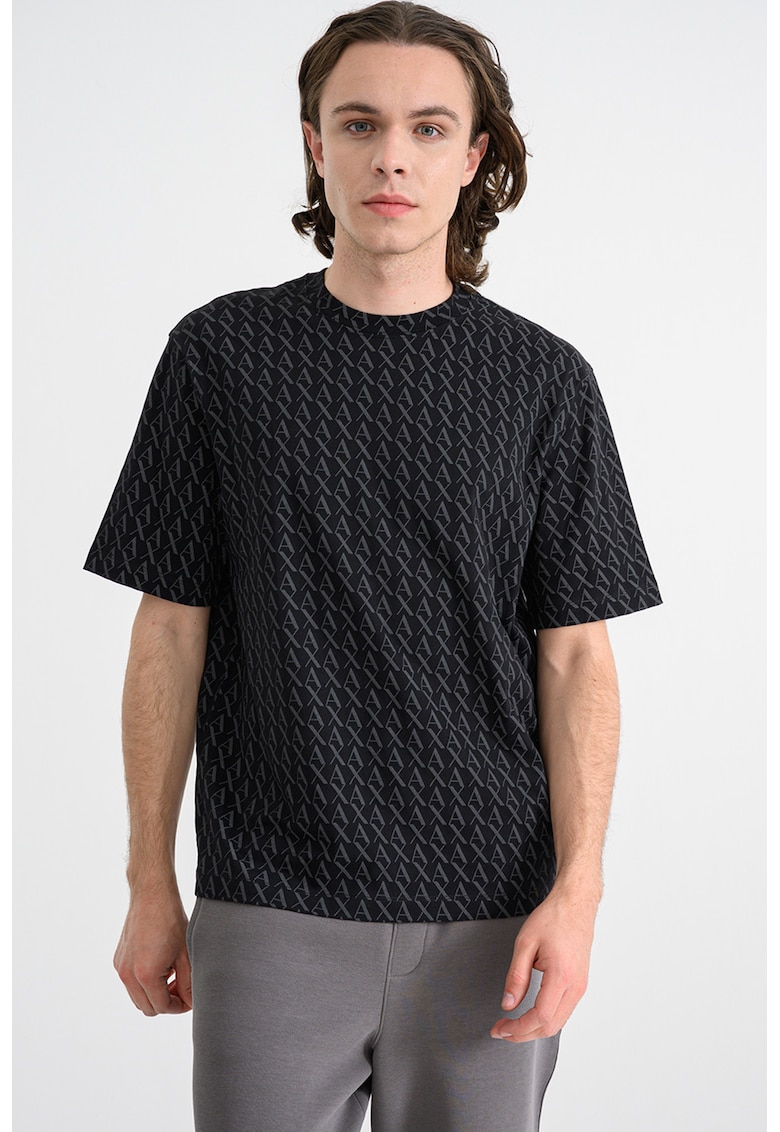 Tricou de bumbac cu model logo - Negru/Gri inchis