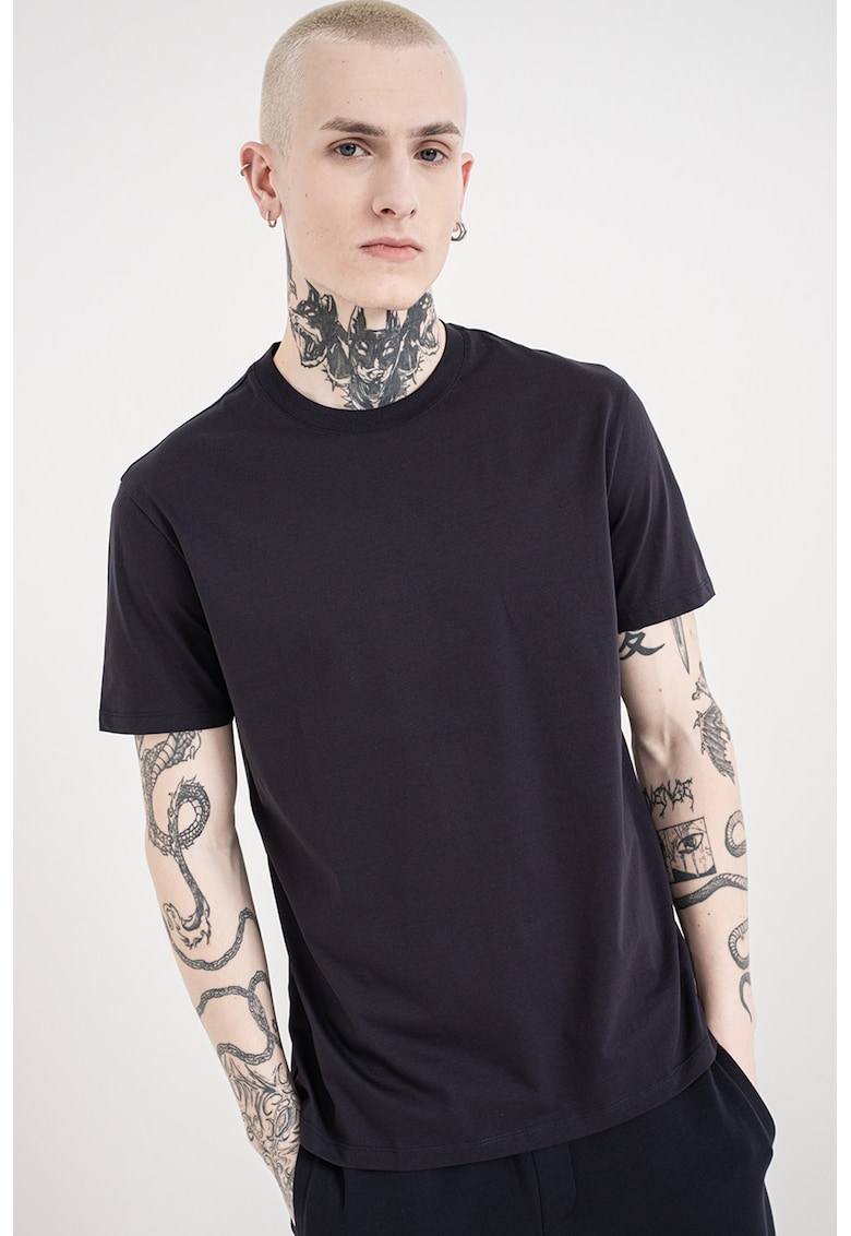 Tricou de bumbac cu decolteu la baza gatului - Bleumarin