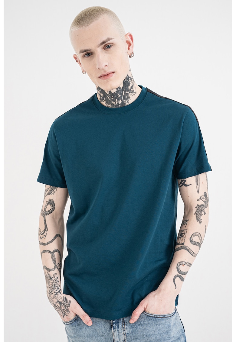 Tricou de bumbac cu banda logo - Negru/Albastru petrol