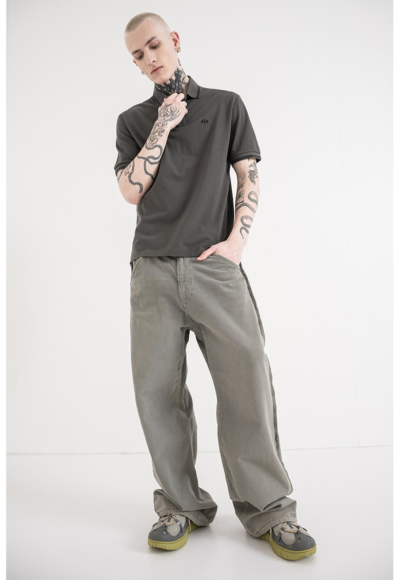 Tricou polo cu logo brodat - Negru/Kaki inchis