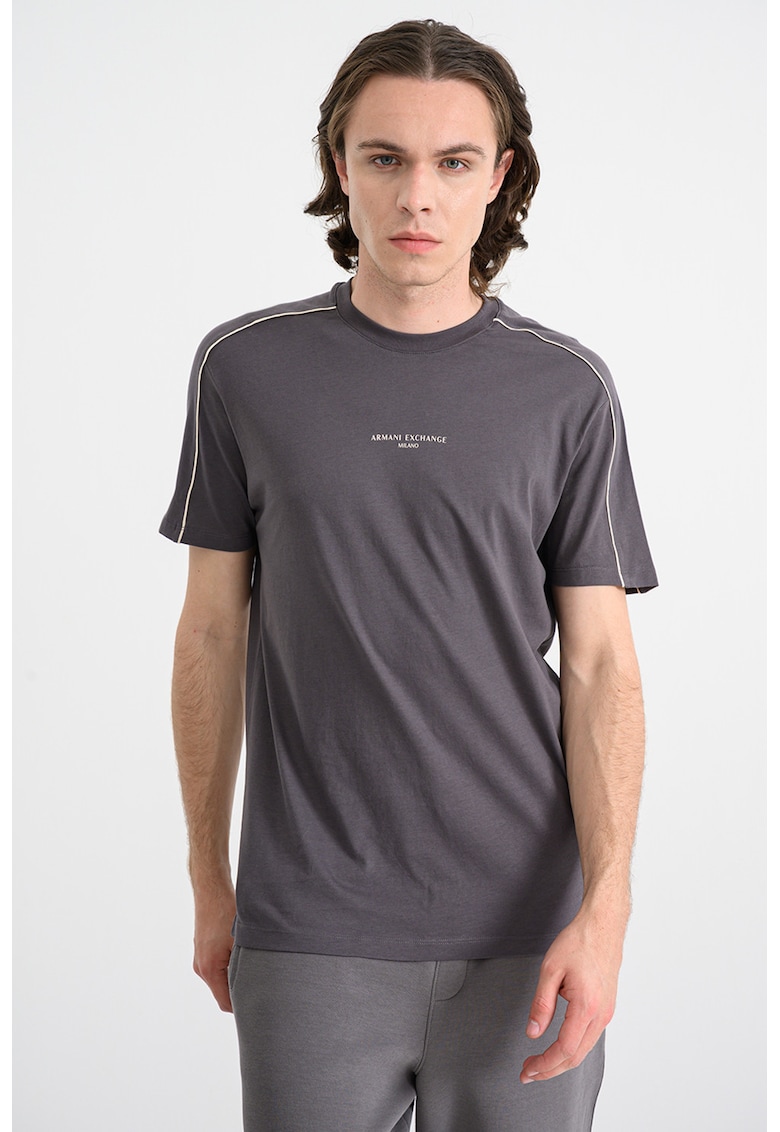 Tricou de bumbac cu decolteu la baza gatului si logo - Gri antracit