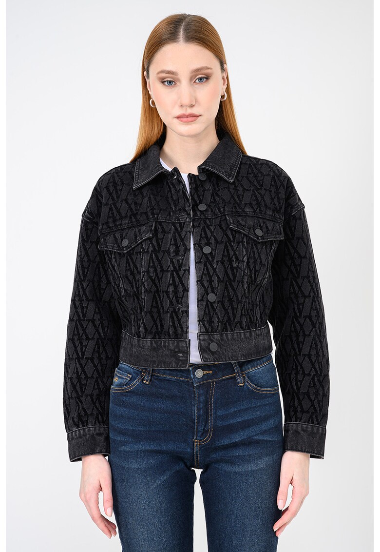 Jacheta crop de denim cu logo