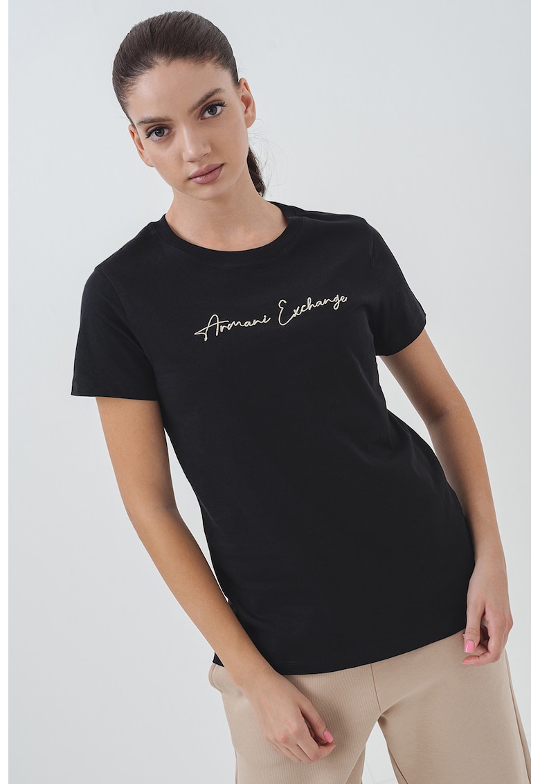 Tricou de bumbac cu decolteu la baza gatului - Auriu/Negru