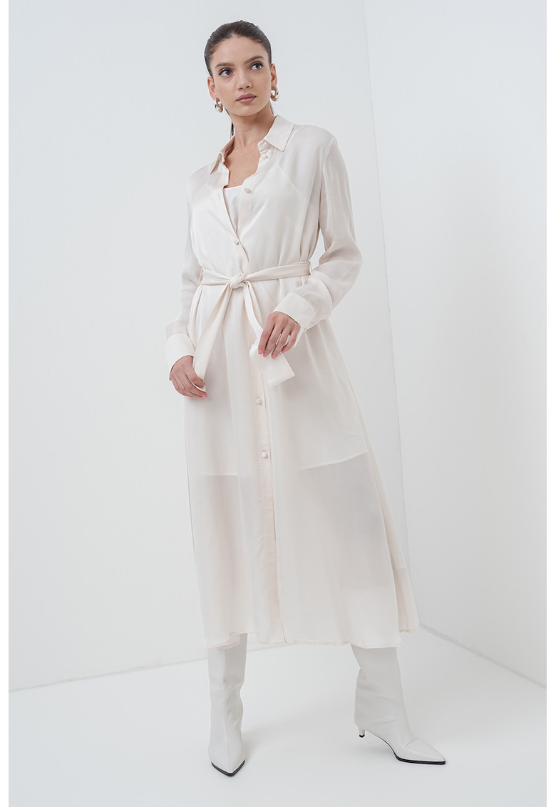 Rochie cu cordon si maneci lungi - Crem