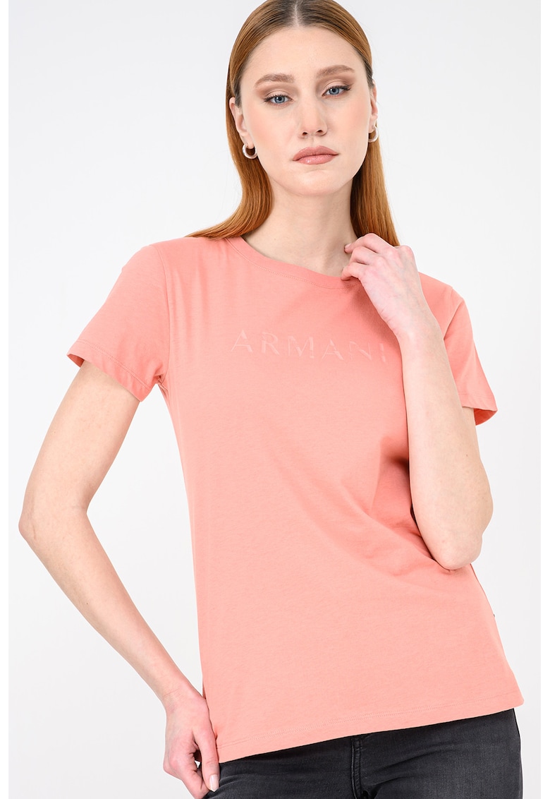 Tricou uni de bumbac cu decolteu la baza gatului - Roz somon