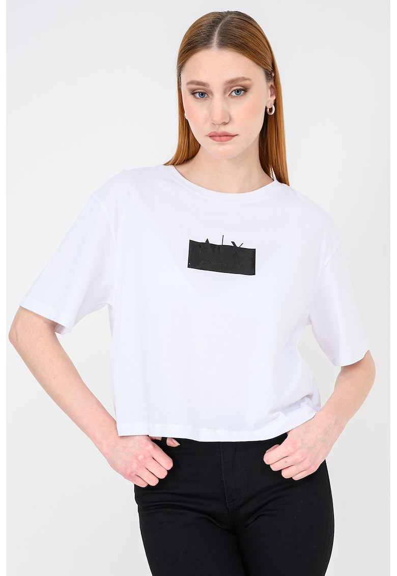 Tricou crop de bumbac cu imprimeu logo