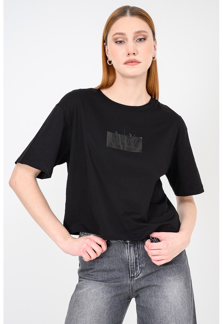 Tricou crop de bumbac cu imprimeu logo